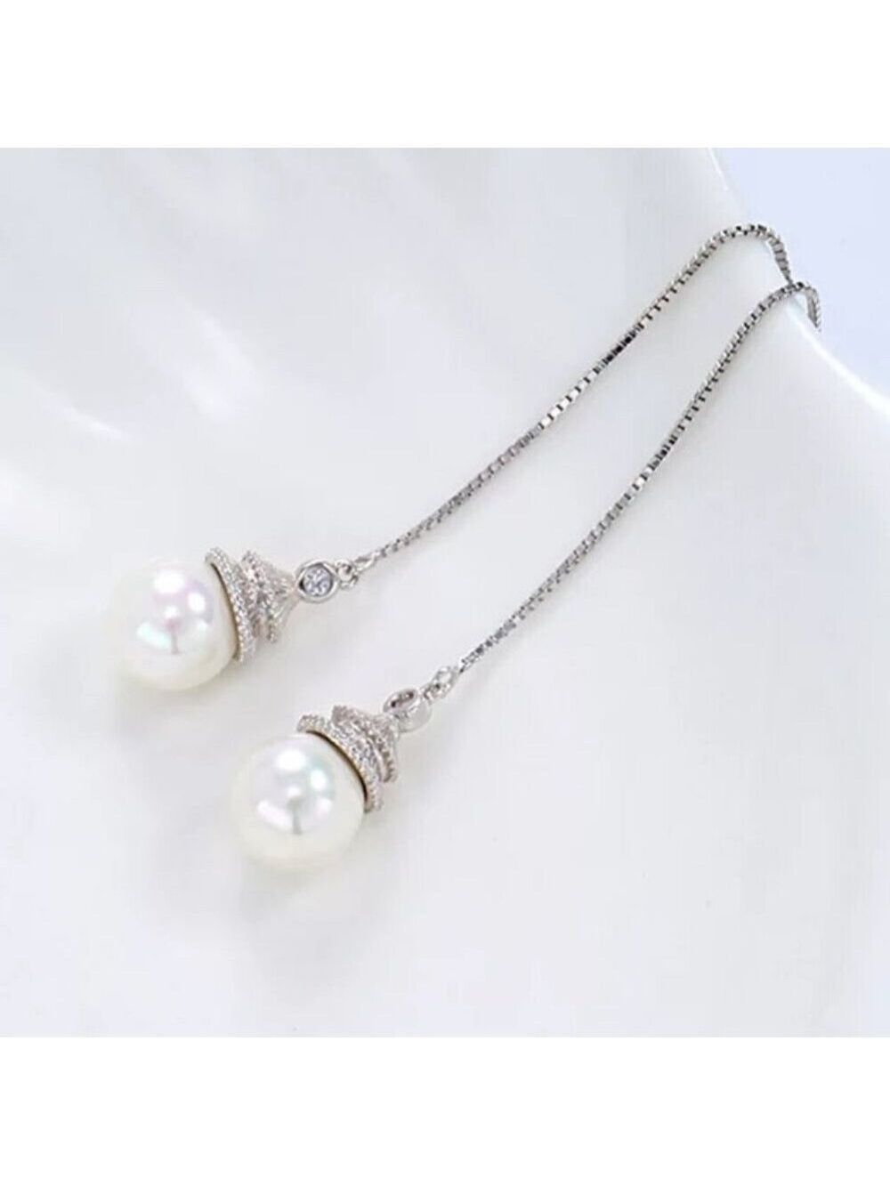 Cultured 7.75mm Pearl Earrings dangling from a 3.5 inch chain 18KY Plated - Picture 5 of 7